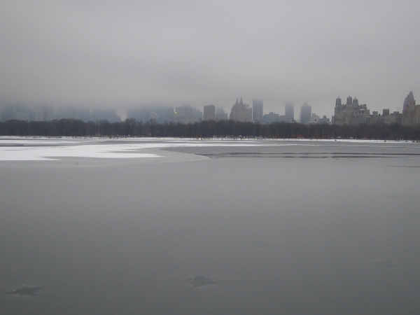 The big lake in Central Park on a very chilly day.